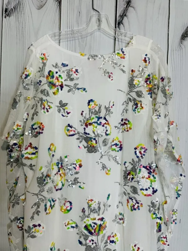 Buddy Love Atlas Sequin Caftan Maxi Dress Sz L White Floral V-Neck Relaxed Fit - Image 5