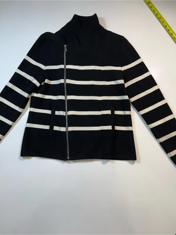 Lauren Ralph Lauren Cotton Blend Black and White Striped Zip Cardigan - Image 2