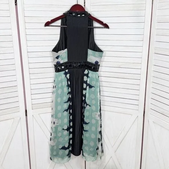 Zara Beaded Silk Pleated Multi Pattern Fit‎ Flare Halter Dress Black Teal Medium - Image 11
