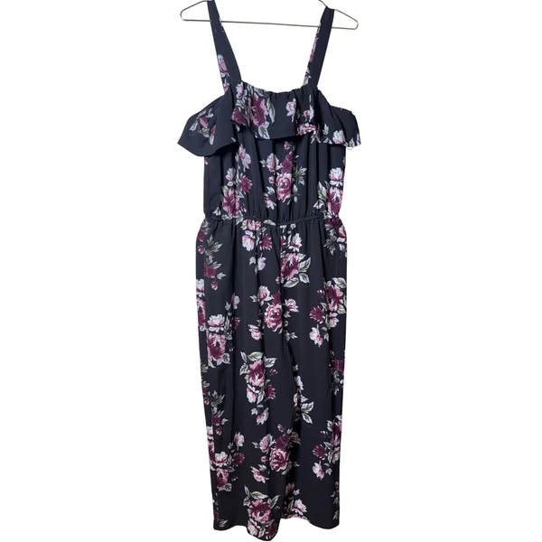 No Boundaries Floral Ruffle Cold Shoulder Jumpsuit XL 15-17 Black Pink Wide Leg - Image 2