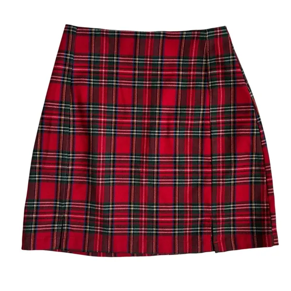 Brandy‎ Melville Red Plaid Cara Mini Skirt Side Slit High Waisted Tartan XS S - Image 3
