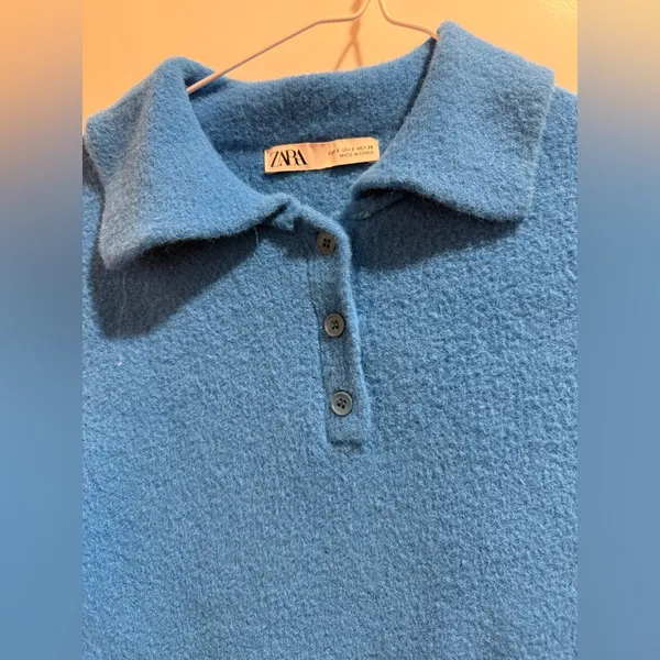 ZARA Cropped Fuzzy Knit Polo Sweater – Blue – Size S‎ - Image 3
