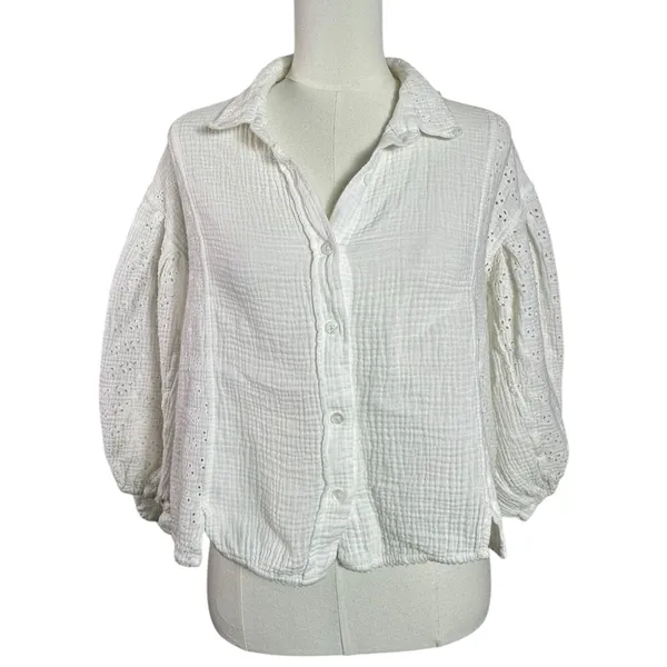 Free People Ethereal Eyelet Lace Gauze Cottage Full Bloom Shirt in White Small - Image 5