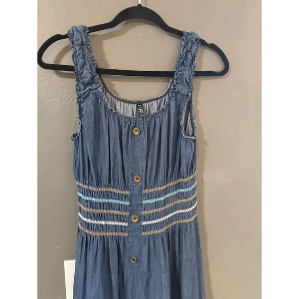 Lapis Womens Blue Denim Tiered Maxi Dress‎ Smocked Waist Ruffle Boho L Cottage - Image 3