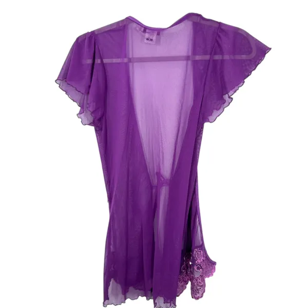 Vintage Dreamgirl Purple Sheer Mesh Wrap Robe Sequin Lace Trim Flutter Sleeve - Image 7