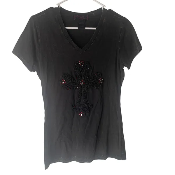 Cowgirl Legend‎ Size Medium Rodeo Hustler Grunge Cross Bling Black T Shirt - Image 2
