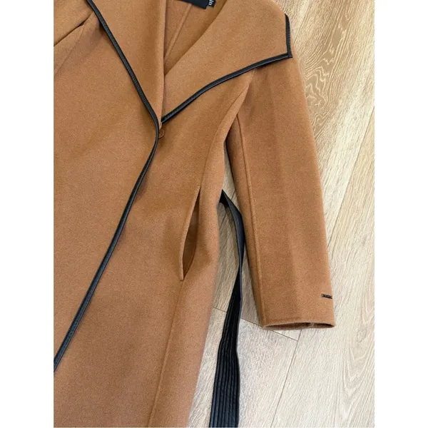 Tahari Wool Blend Faux Leather Trim Belted Coat Caramel Size Medium - Image 10