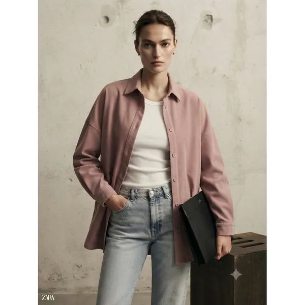 Zara‎ Corduroy Shirt Women Medium Pink Oversized Shacket Button Down Long Sleeve - Image 3
