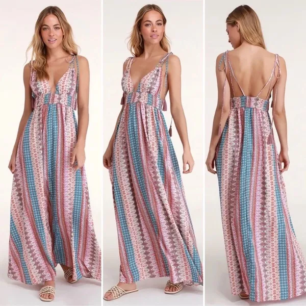 Lulus Boho Geometric Print Tassel Tie-Strap Smocked Maxi Dress Multicolor Medium - Image 2