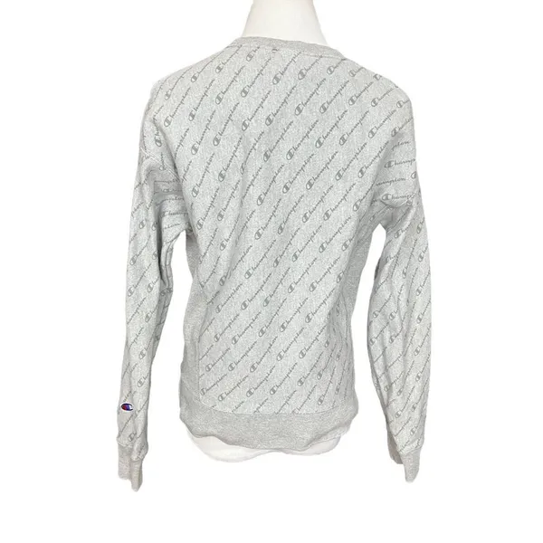 Champion Reverse Weave Gray AOP Spell Out Crewneck Sweatshirt S - Image 4
