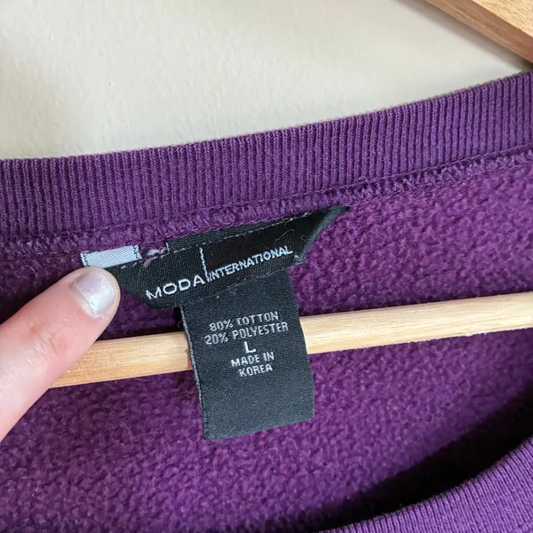 Moda international cotton blend purple fleece crewneck sweater‎ women's size L - Image 3