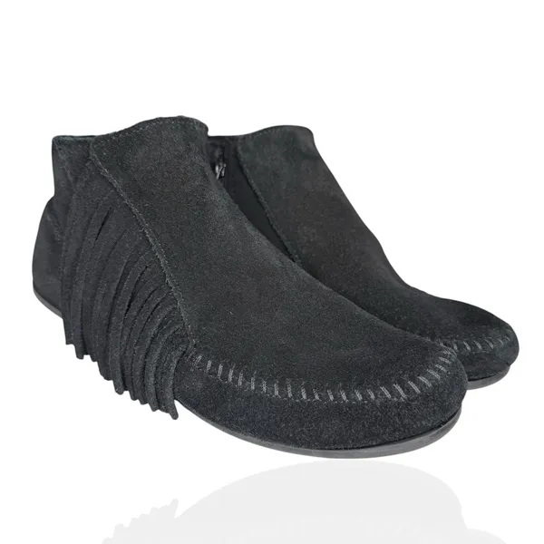 Minnetonka Lacy 9.5 Fringe Ankle Black Suede Leather‎ Bootie Shoe Moccasin Boho - Image 4