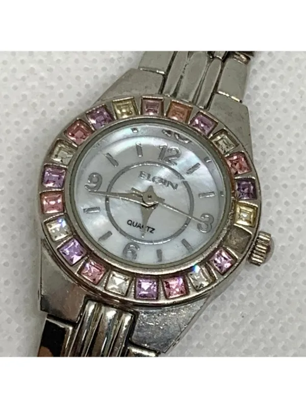 Vintage Elgin women’s watch silver tone mop dial Gemstones quartz 23mm running - Image 3