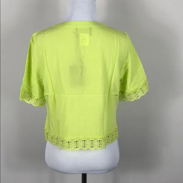 Neon Green Yellow Lace Up Cropped Top Lace Trim Pleated Blouse Size Small - Image 6