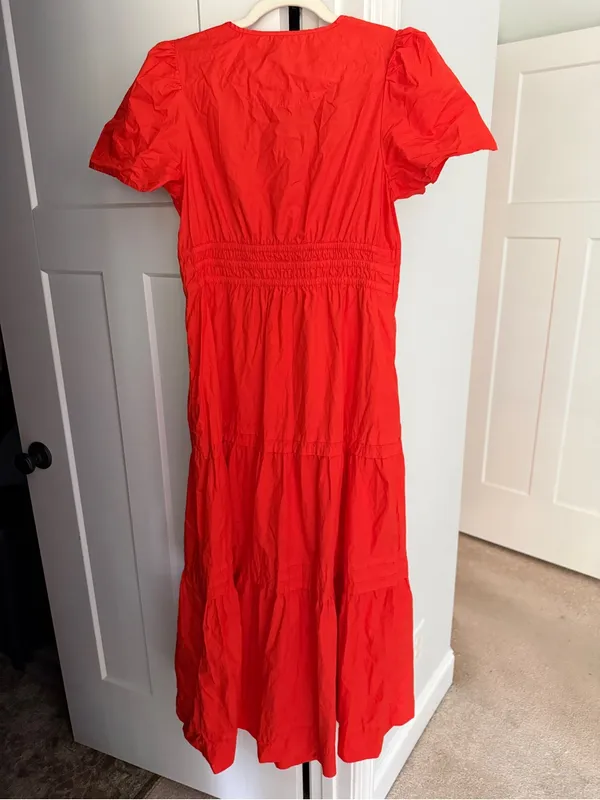 Quince 100% Organic Cotton Poplin Tiered Maxi Dress short sleeve Vermillion Red - Image 6