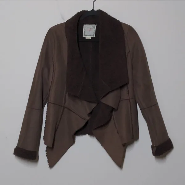 Flying Tomato Open Front Jacket Brown Long Sleeve Faux Fur Collar Penny Lane M - Image 9