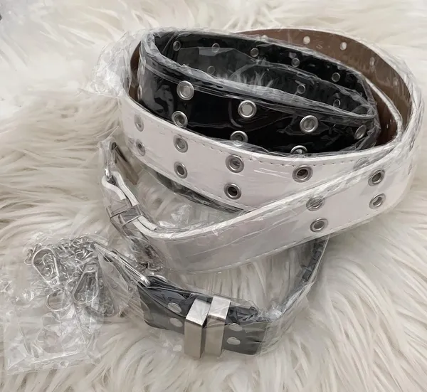 Korean style leather double hole belt black with chain fashion white belt - Image 3