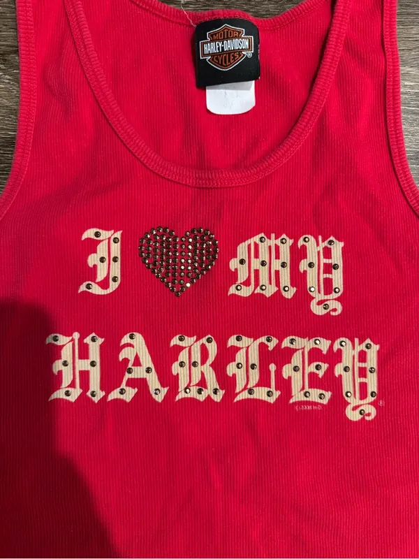 Harley Davidson Red Ribbed sleeveless tank top XL Y2K Rhinestone Heart Biker - Image 6