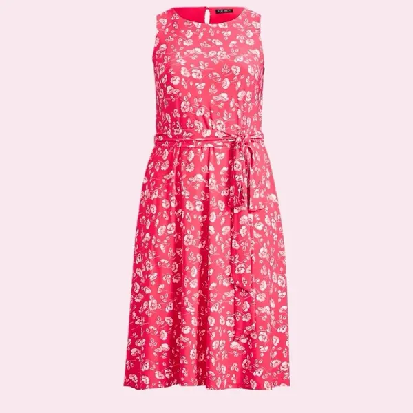 Ralph‎ Lauren Peach Floral Fit Flare Sleeveless Stretch Midi Dress Size 10 - Image 3