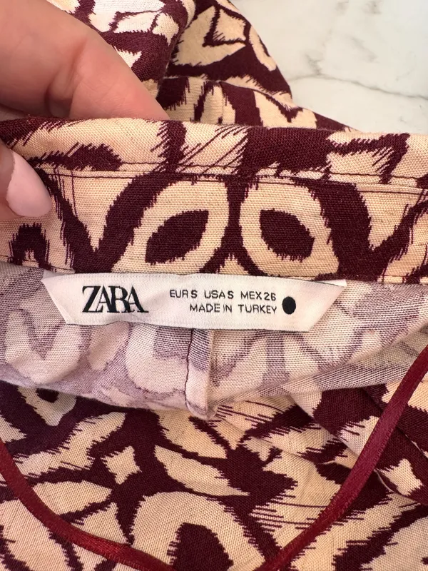 Zara Burgundy Cream Faux Wrap Blouse Print Vneck S - Image 7