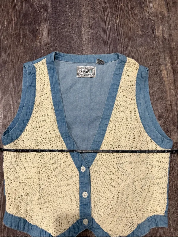Vintage Vision I Denim Crochet Vest Blue Size M - Image 2