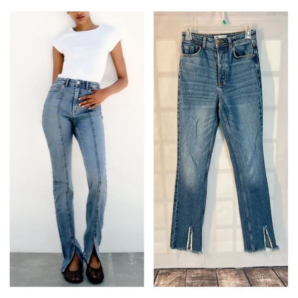 Zara high waisted button fly slit leg frayed hem size 2 - Image 2