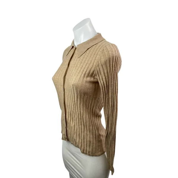 Zara Tan Rib Knit Wool Long Sleeve Collared Button Down Cardigan Sweater Top S - Image 3