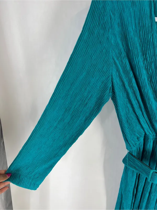 Vintage Pellini Petites Teal Crinkle Belted‎ Dress 3/4 Petite - Image 5
