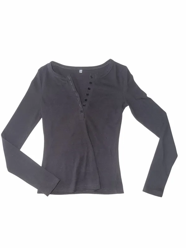 Espresso Brown Ribbed Knit Henley Top Long Sleeve Slim Fit Size Small - Image 2