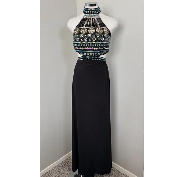 Crystal Doll Black Halter Neck Cutout Beaded Maxi Dress‎ Size 9 Prom Formal - Image 2