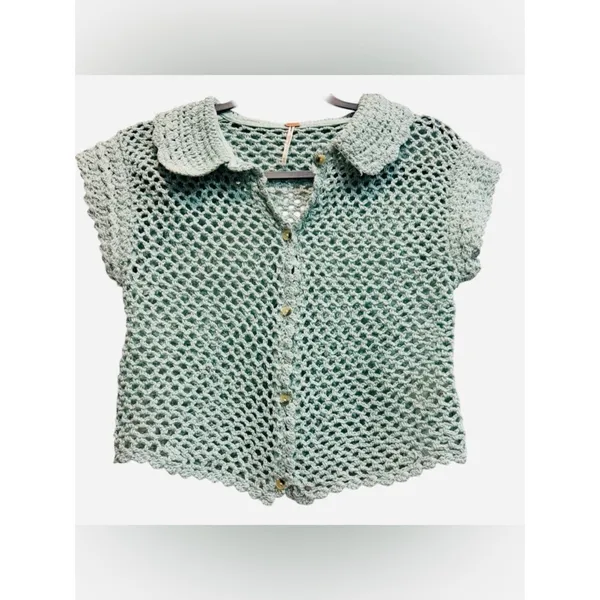 Free People Lily Crochet Cropped Spread Collar Button Down Top Aqua‎ Blue XS - Image 4