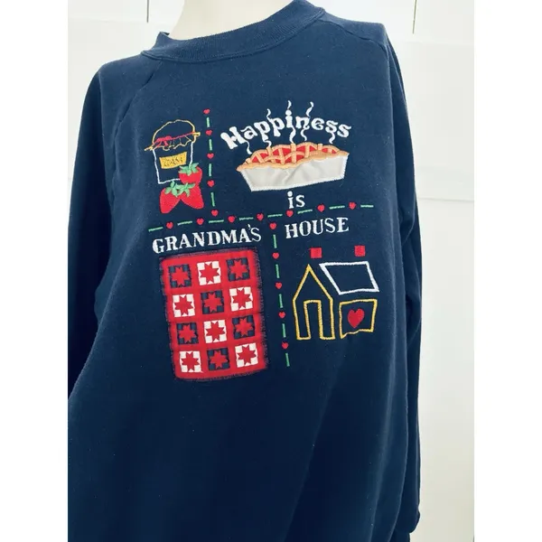 Vintage 1990s Blue Crewneck Sweatshirt Happiness Is Grandma's House Lrg Granny - Image 3