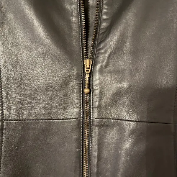 Vintage British Khaki Genuine Leather Y2K‎ Zip Up Black Jacket Size 10 - Image 2