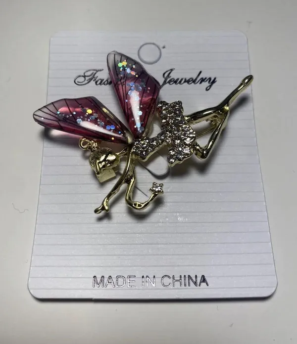 Cute New B.J. Golden Crystal Fairy Angel With Sparkly Acrylic Wings Pin Brooch - Image 3