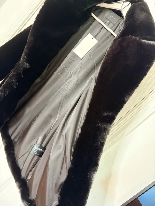 ZARA Black Faux Fur Coat Plush Glam Party Evening Quiet Luxury Statement Jacket XS - Image 6