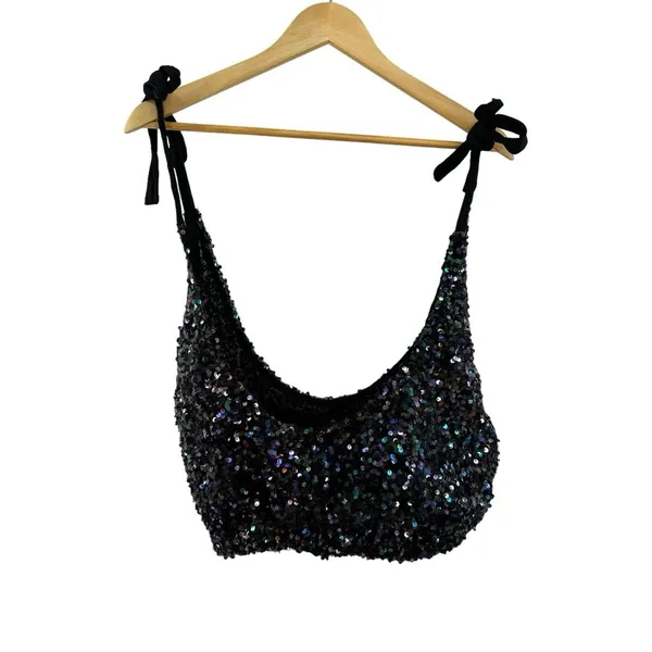 Free People Black Big Night Sequin Crop Tie Shoulder Top‎ Size Small - Image 5