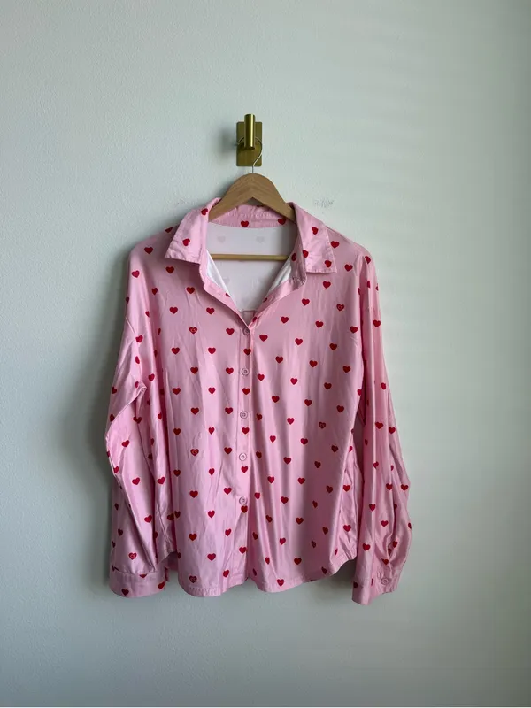 Pink Red Heart Print Matching Pajama Set Button Down Wide Leg Pants Size Medium - Image 3