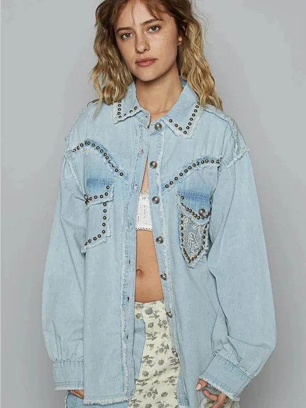 POL Light Wash Denim Button Down Top Shirt Studded Western Lace Trim Small S - Image 12