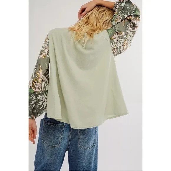 Free People Picking Petals Top Seafoam Green Contrast Sleeves Women's Size S - Image 5