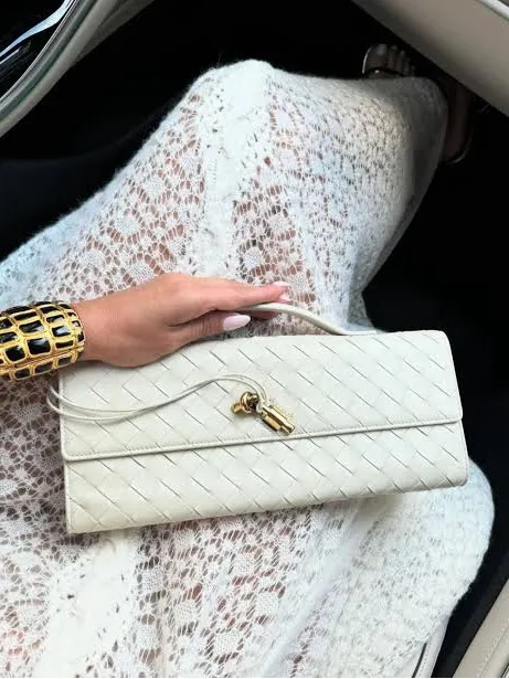 Woven Leather Clutch with Gold Turnlock - Cream - Image 4