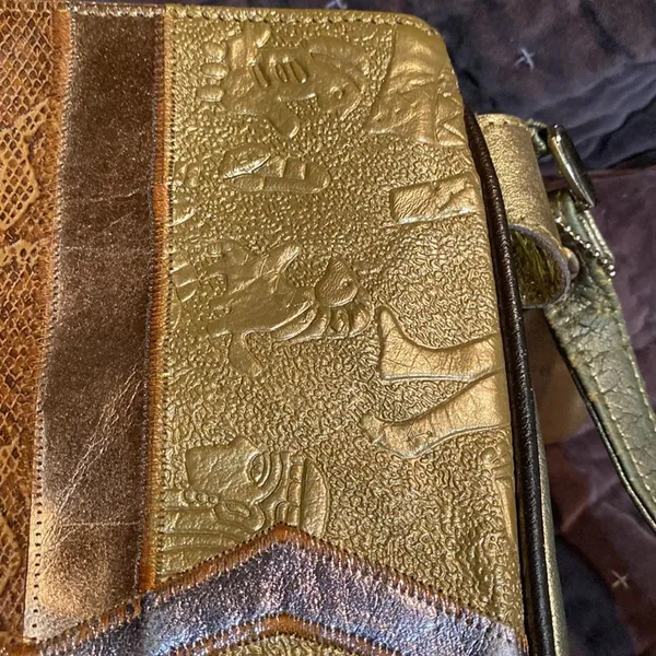 Vintage Renias Sharif Patchwork Leather Crossbody Purse Gold Bronze Tones 80s - Image 11