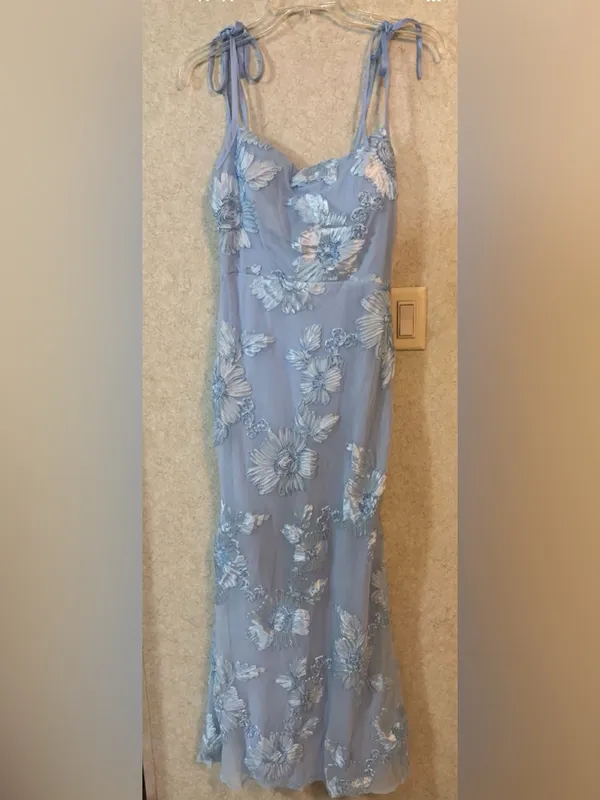 Light Blue Floral Appliqué Maxi Dress with Tie Shoulders - Image 2