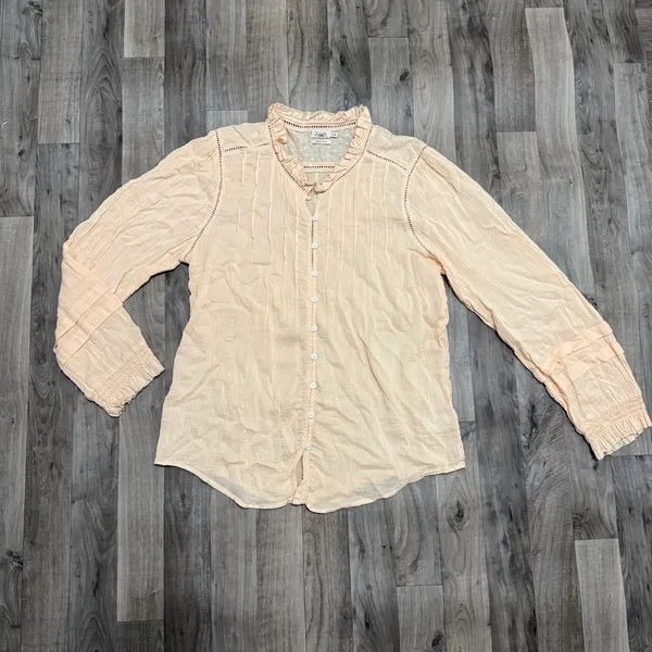 Faherty Willa Rosette Peach Organic Cotton Pintuck Ruffle Blouse XL - Image 3