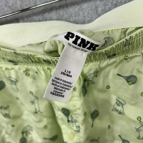 Victorias Secret Pink Women Sleep Shorts Green Silky Tennis Dogs Size Large - Image 4