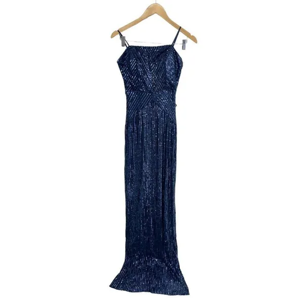 Emerald Sundae Navy Blue Sequin Column Gown Formal Dress Side Slit Size M NEW - Image 2