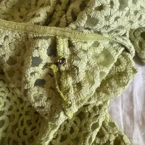 Sundance Light Sage Green Lace Embroidered Mesh Textured Short Sleeve Blouse - Image 8