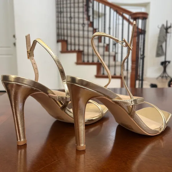 Gold Metallic Strappy Heels | Square Toe Stiletto Sandals | Size 7.5 - Image 2