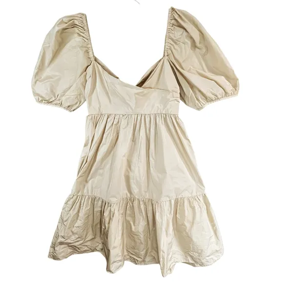 Aritzia Wilfred Opera Babydoll Dress Womens M Tan Cream Taffeta‎ Puff Sleeve - Image 2