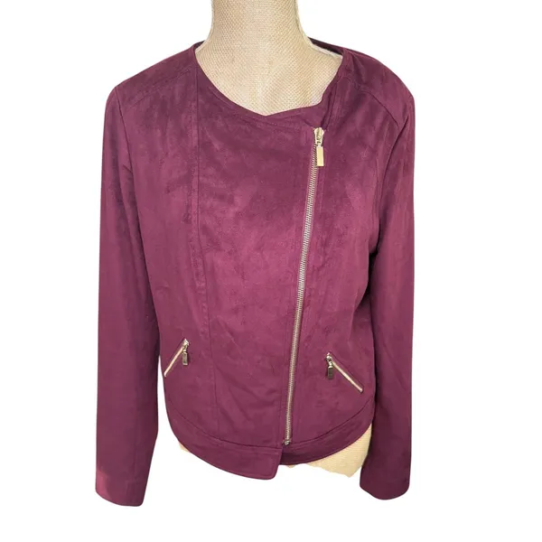 Thalia‎ Sodi Faux Suede Moto Jacket Burgundy Womens M Asymmetrical Zip - Image 2