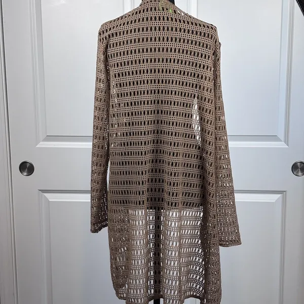 Tunnel Vision Women's XXL Crochet Duster Open Cardigan Taupe Boho Long Sleeve - Image 3